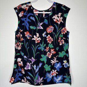 Talbots Blouse Sleeveless Size 12 Navy Blue Floral Button Back